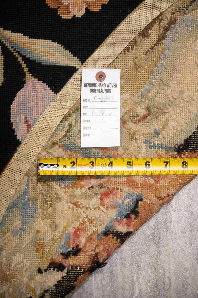 6.0 x 6.0 ROUND Needle Point Rug BLACK Friendly Animals #F-4008