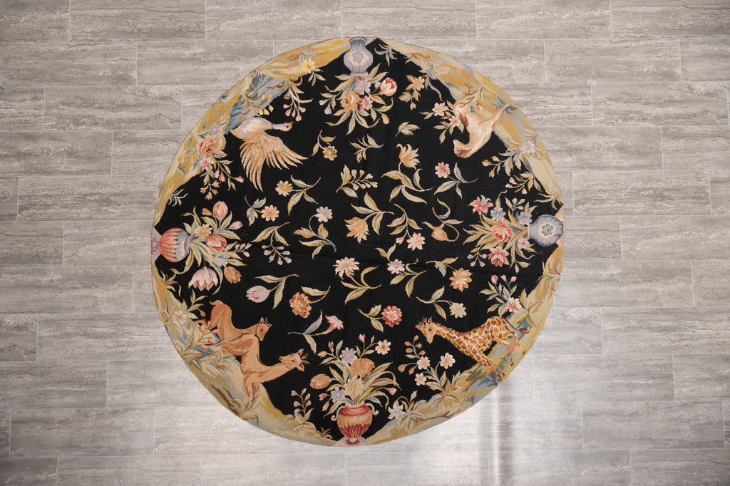 6.0 x 6.0 ROUND Needle Point Rug BLACK Friendly Animals #F-4008