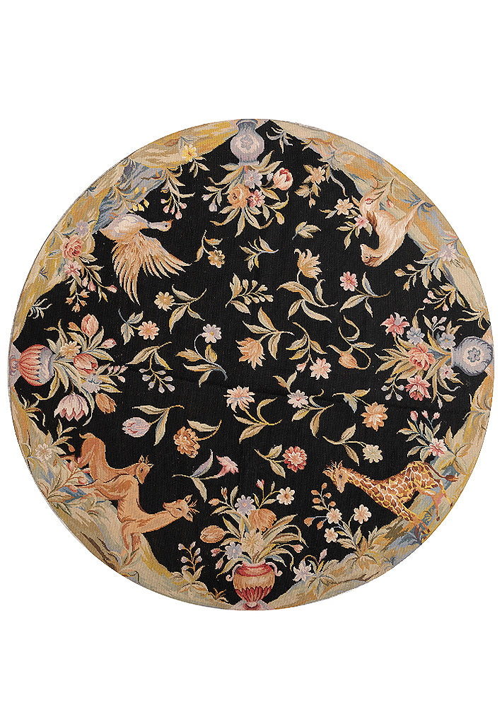 6.0 x 6.0 ROUND Needle Point Rug BLACK Friendly Animals #F-4008