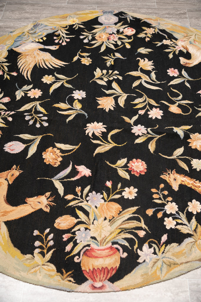 6.0 x 6.0 ROUND Needle Point Rug BLACK Friendly Animals #F-4008