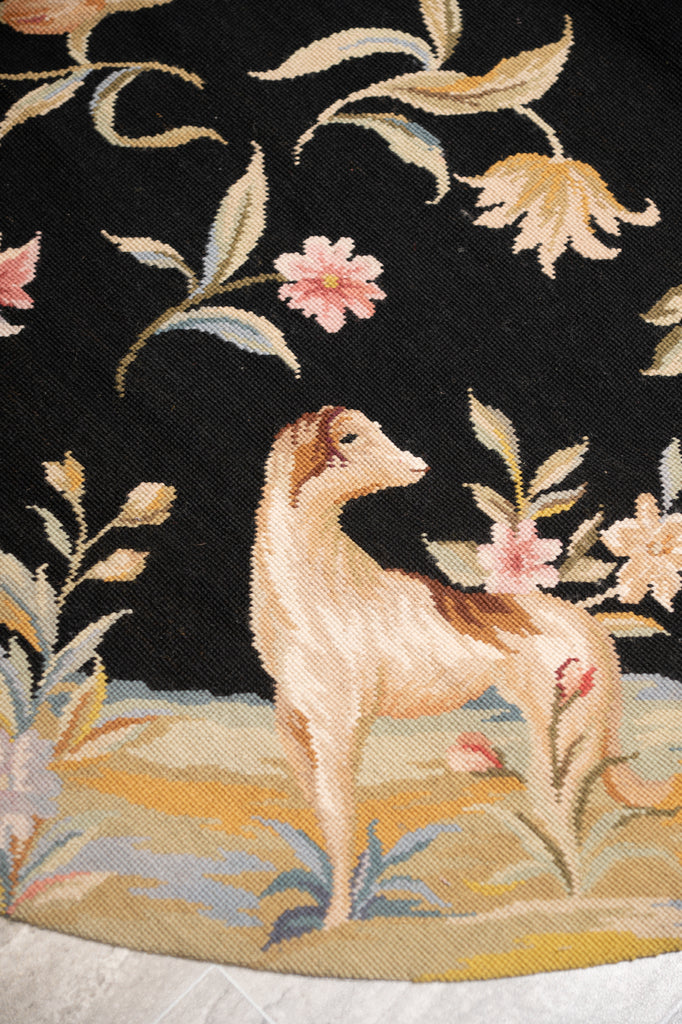 6.0 x 6.0 ROUND Needle Point Rug BLACK Friendly Animals #F-4008