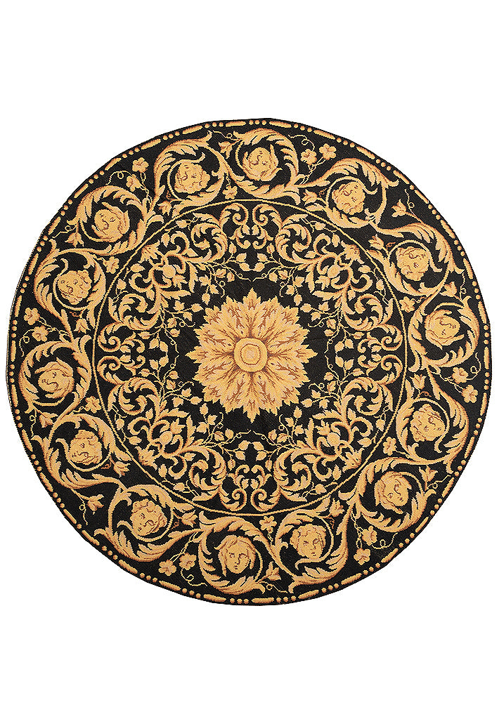 5.0 x 5.0 Round Needle Point Rug BLACK GOLD VERSSACCI  #F-4009