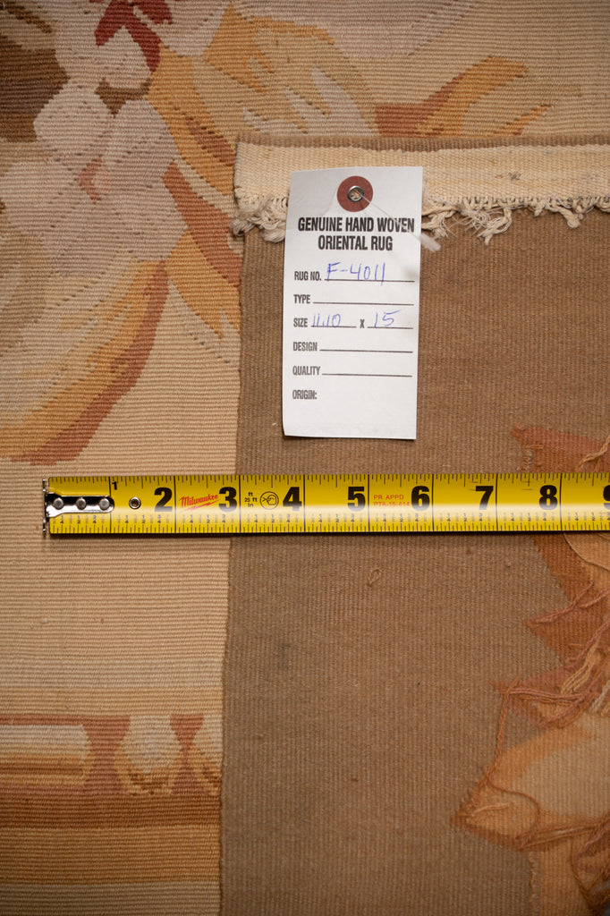 12.0 x 15.0 Beautiful Aubusson Flat Weave Rug Neutral Earth Tone Sage Green #F-4011