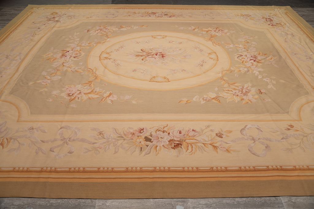 12.0 x 15.0 Beautiful Aubusson Flat Weave Rug Neutral Earth Tone Sage Green #F-4011