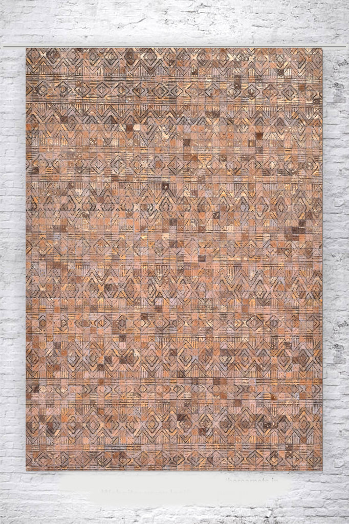 Handcrafted Geometric Tribal Laser-Etched Genuine Leather Area Rug