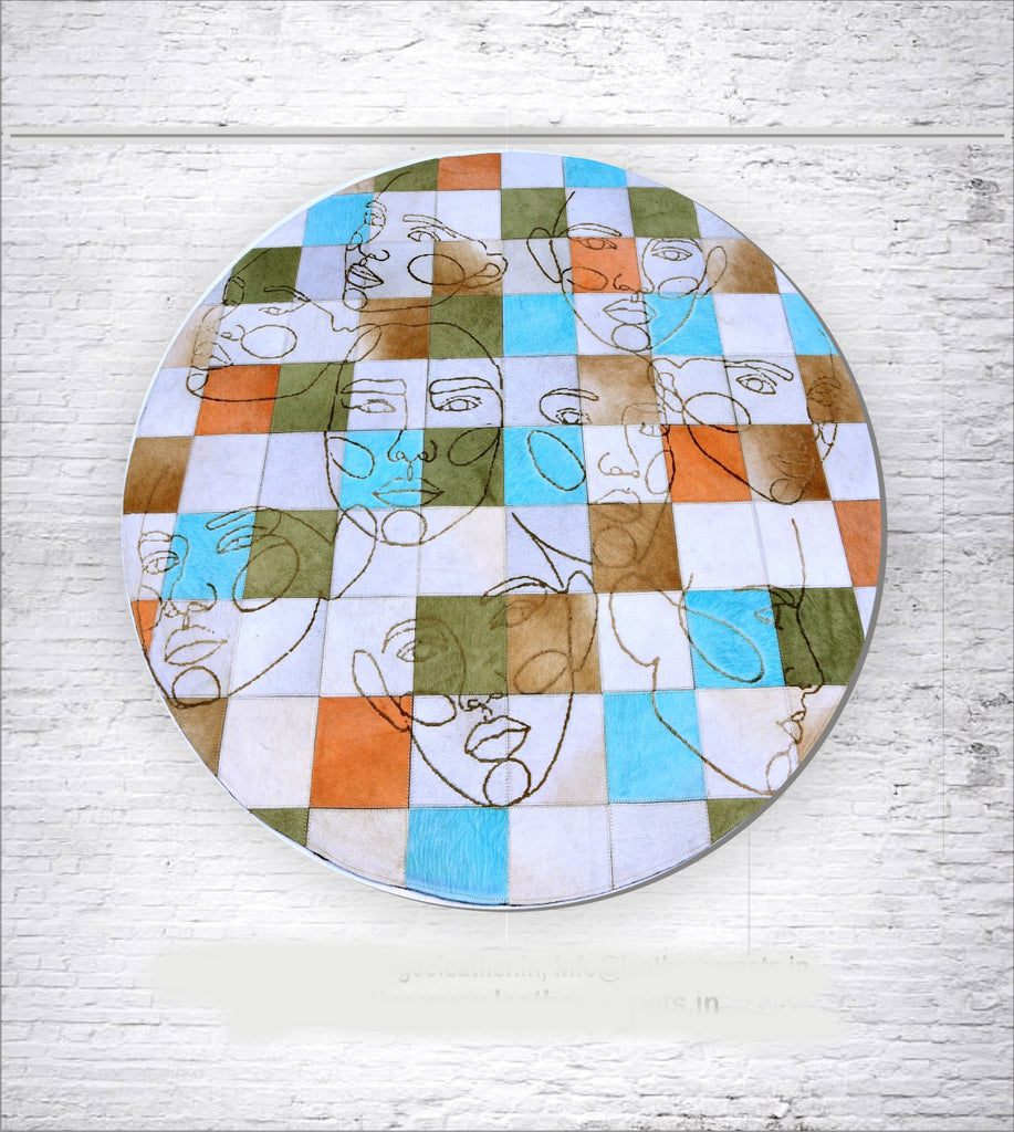 Artistic Round Patchwork Cowhide Leather Carpet with Abstract Line Art Faces