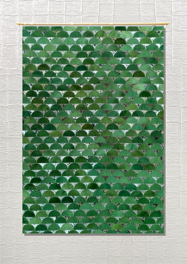Handmade Forest Green Scalloped Fish Scale Patchwork Cowhide Leather Area Rug
