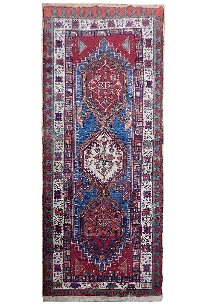 3.8 x 9 Red & Blue Antique Persian Kordistan Runner 23379