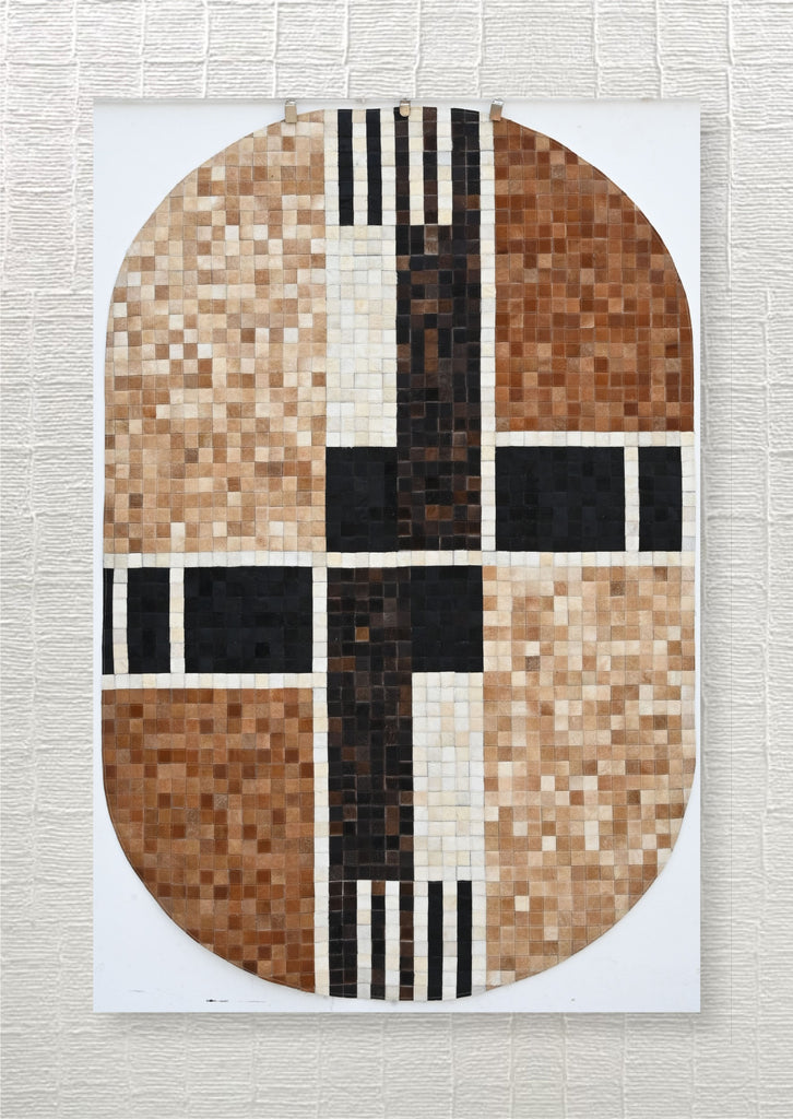 Modern Oval Geometric Patchwork Cowhide Leather Area Rug