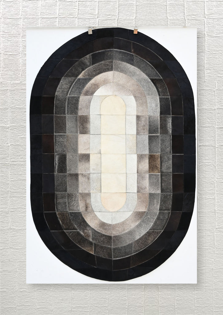 Handcrafted Charcoal & Silver Oval Gradient Patchwork Cowhide Leather Rug
