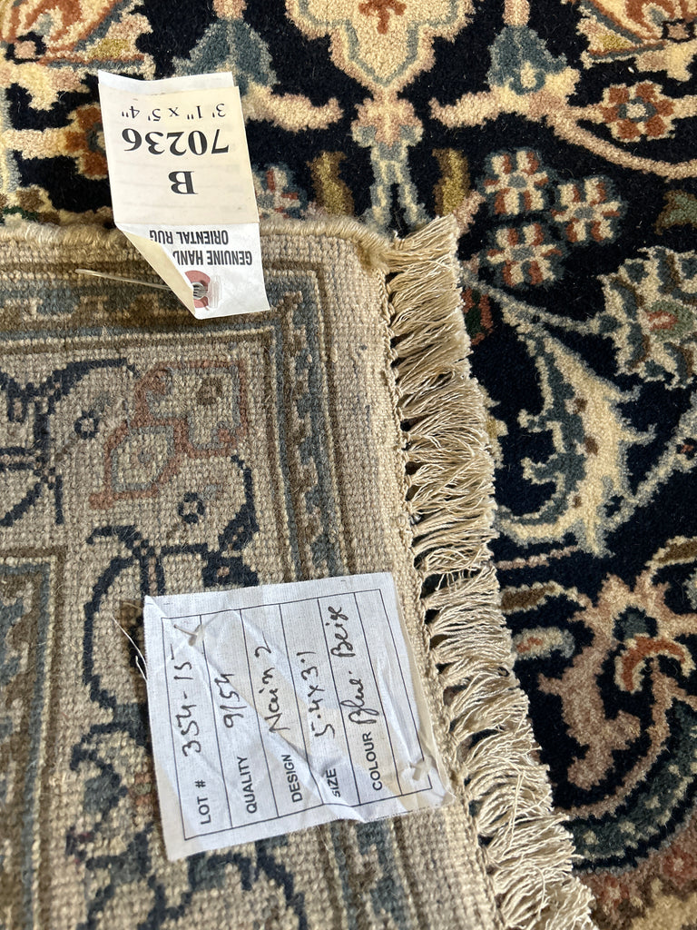 3' x 5' Navy Wool & Silk Hand-knotted Nain Pattern Rug #B-70236