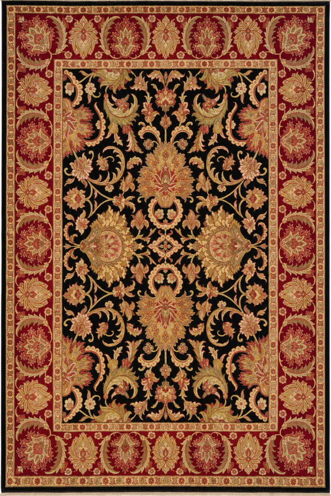 An ornate traditional area rug with a black central field, surrounded by a red and gold patterned border and inner frame.