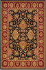 Load image into Gallery viewer, An ornate traditional area rug with a black central field, surrounded by a red and gold patterned border and inner frame.
