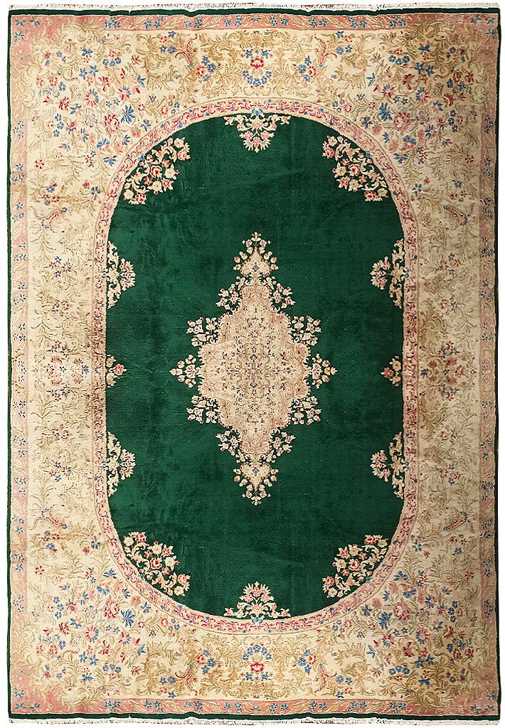 9.10 x 17.0 Authentic Persian Kerman Rug Emerald GREEN #F-6349