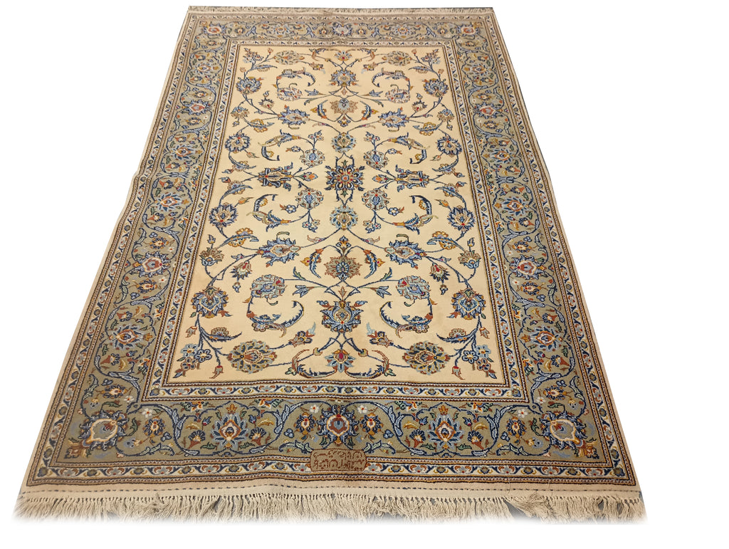 5.2 x 8 SIGNED Persian Kashan Rug IVORY GREEN #F-6361