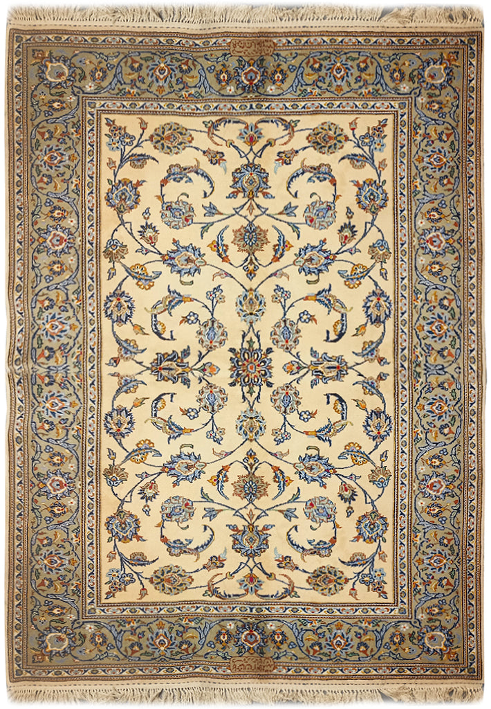 5.2 x 8 SIGNED Persian Kashan Rug IVORY GREEN #F-6361