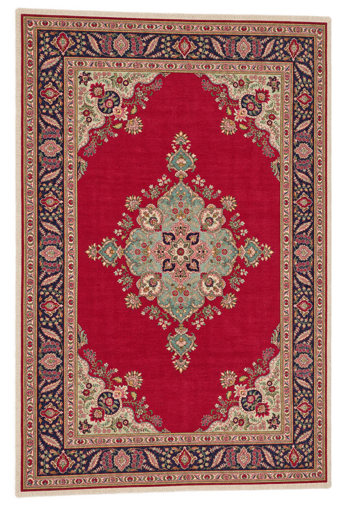A traditional oriental-style area rug with a vibrant red center field, a large central medallion in muted green and gold, and an ornate navy blue border with floral motifs.