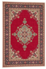 Load image into Gallery viewer, A traditional oriental-style area rug with a vibrant red center field, a large central medallion in muted green and gold, and an ornate navy blue border with floral motifs.