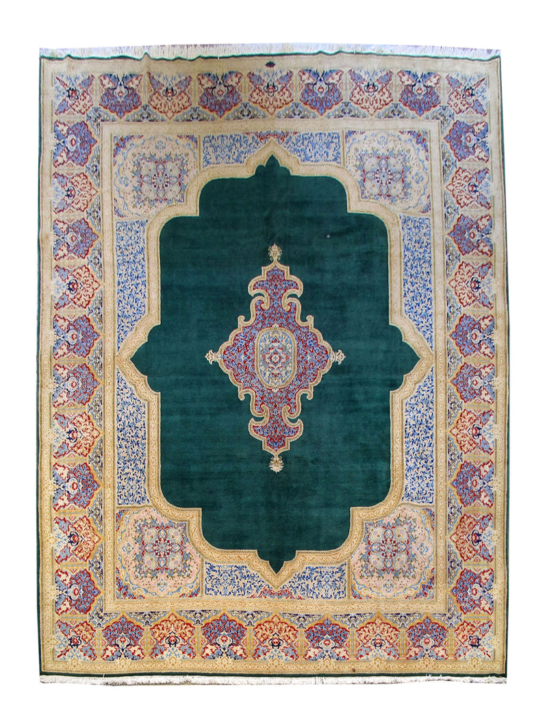 9.3 x 12.8 Hand Knotted Persian Kerman Green Signed Rug #B-80616