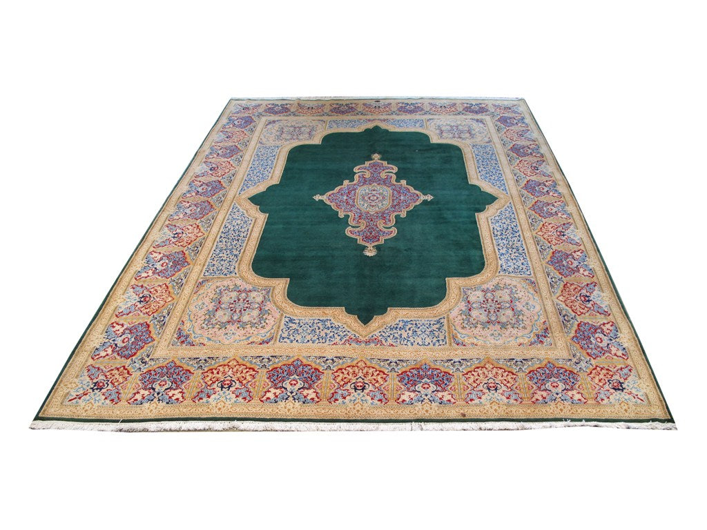 9.3 x 12.8 Hand Knotted Persian Kerman Green Signed Rug #B-80616