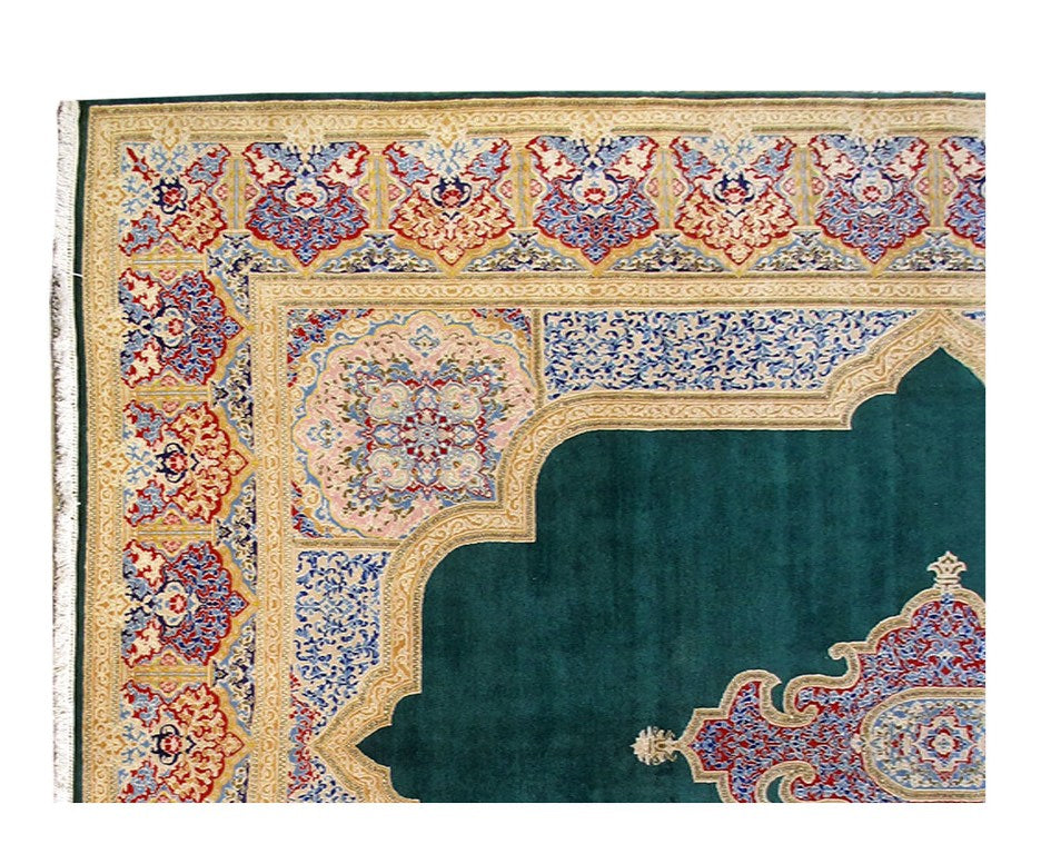 9.3 x 12.8 Hand Knotted Persian Kerman Green Signed Rug #B-80616