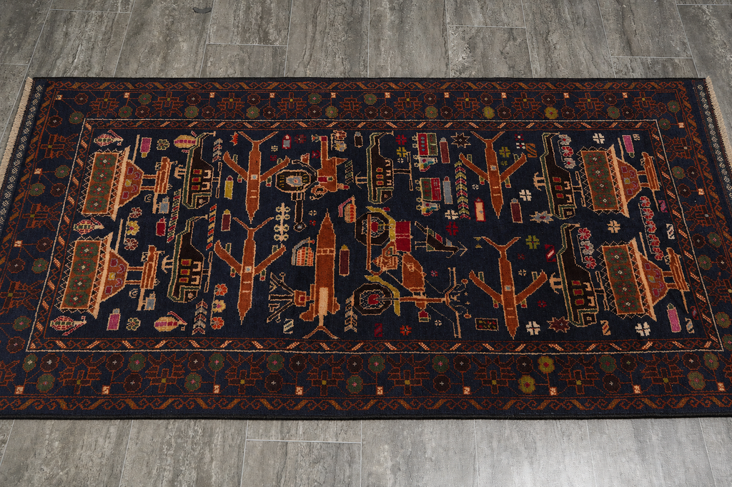 3 x 5.4 War Rug Handmade Wool Tank, Gun, Helicopter #F-3260