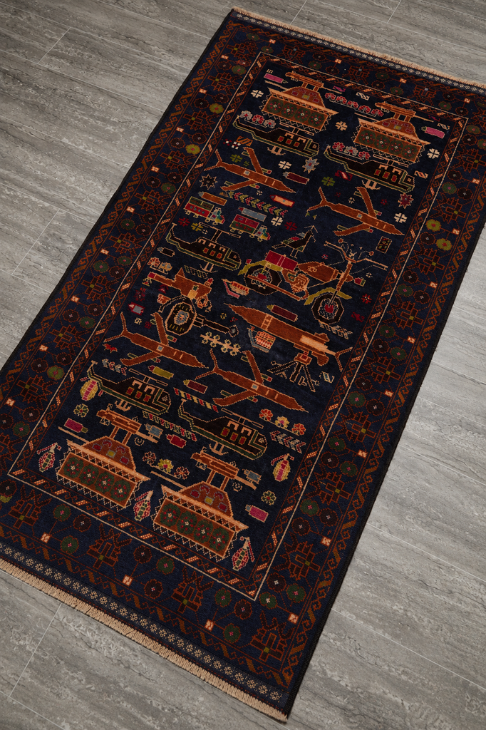 3 x 5.4 War Rug Handmade Wool Tank, Gun, Helicopter #F-3260