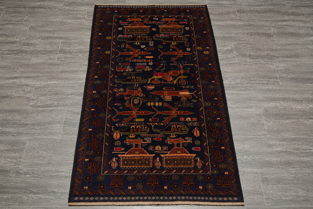 3 x 5.4 War Rug Handmade Wool Tank, Gun, Helicopter #F-3260