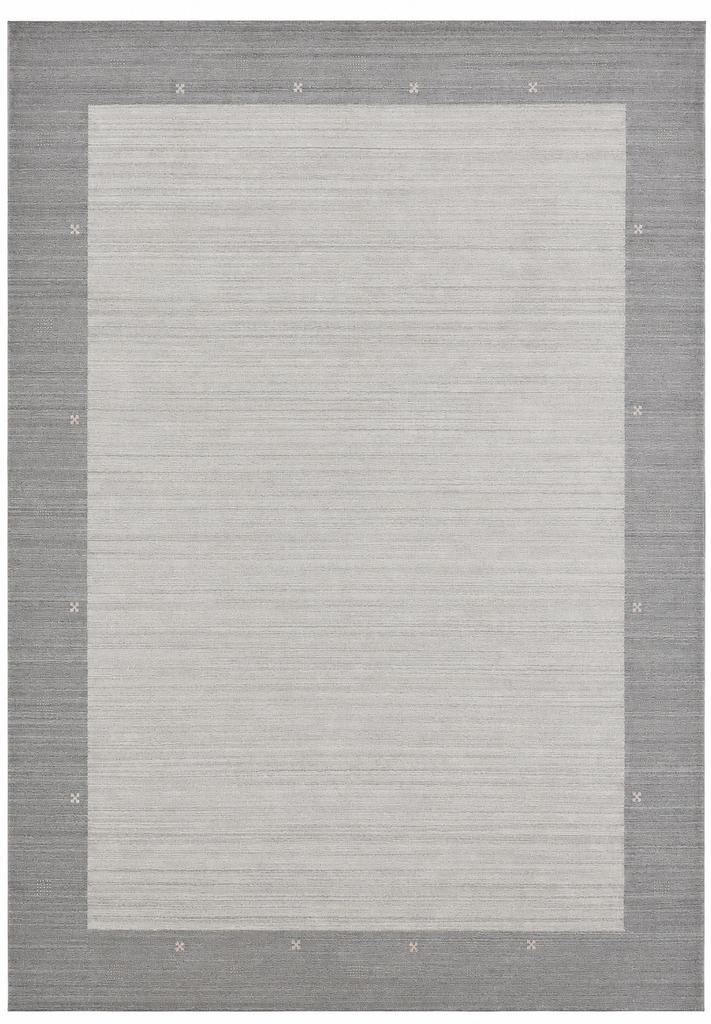 A rectangular area rug with a textured light gray and white center field bordered by a medium gray outer border with small geometric accents.