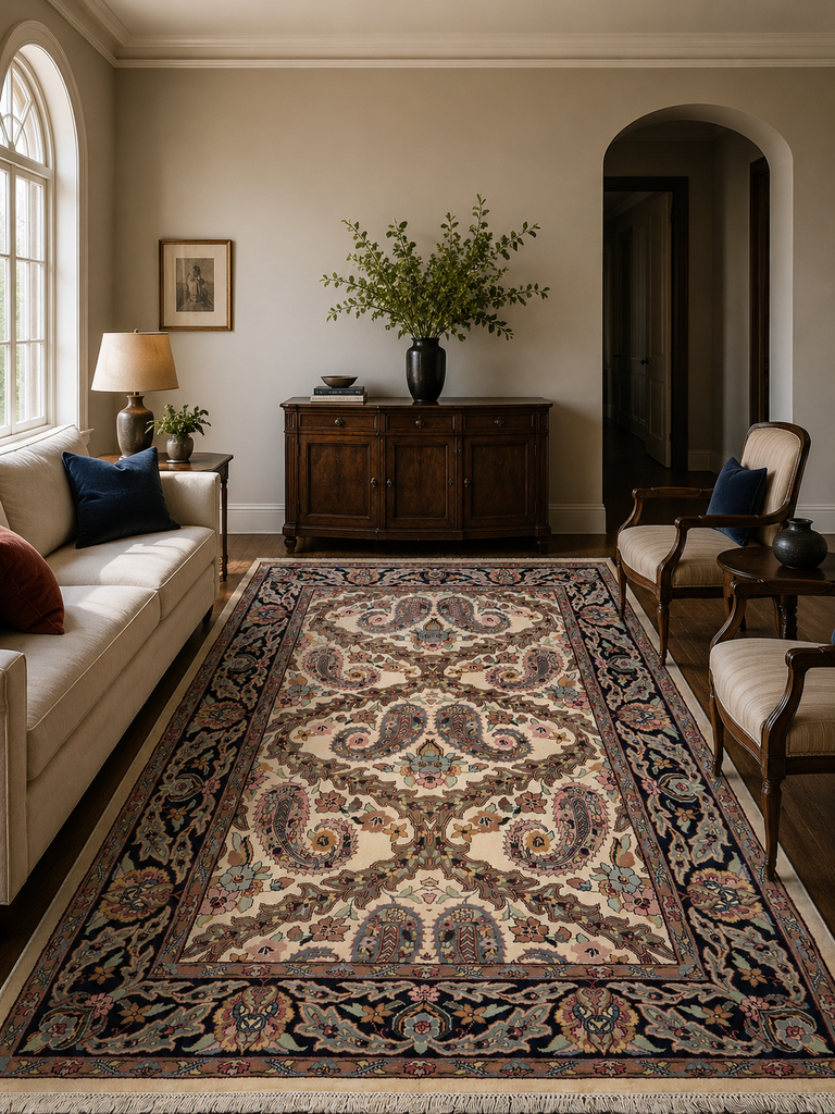 Living room with a large patterned rug, sofa, chairs, and decorative items.