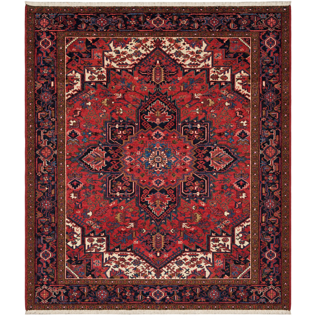 A traditional Persian-style area rug with a complex geometric and floral pattern, featuring a dominant deep red field, a dark navy blue border, and cream accents.