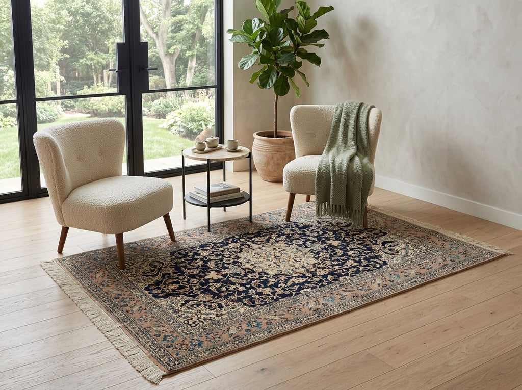 Living room with a patterned rug, two chairs, and a small table.