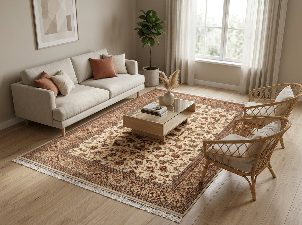 Living room with a beige sofa, wicker chairs, and a patterned rug.