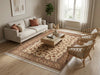 Load image into Gallery viewer, Living room with a beige sofa, wicker chairs, and a patterned rug.
