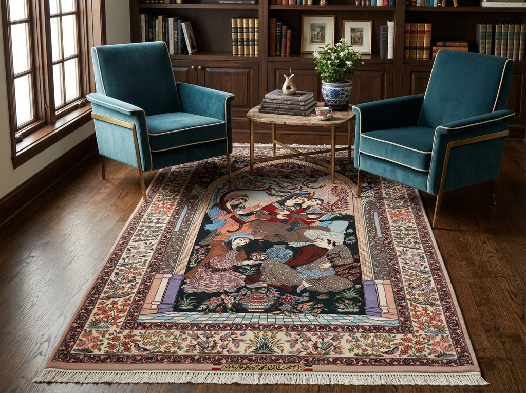 4.8 x 7.9 Authentic Fine Persian Pictorial Esfahan Rug Wool and Silk on Silk 500 KPSI Iran #PIX-1690