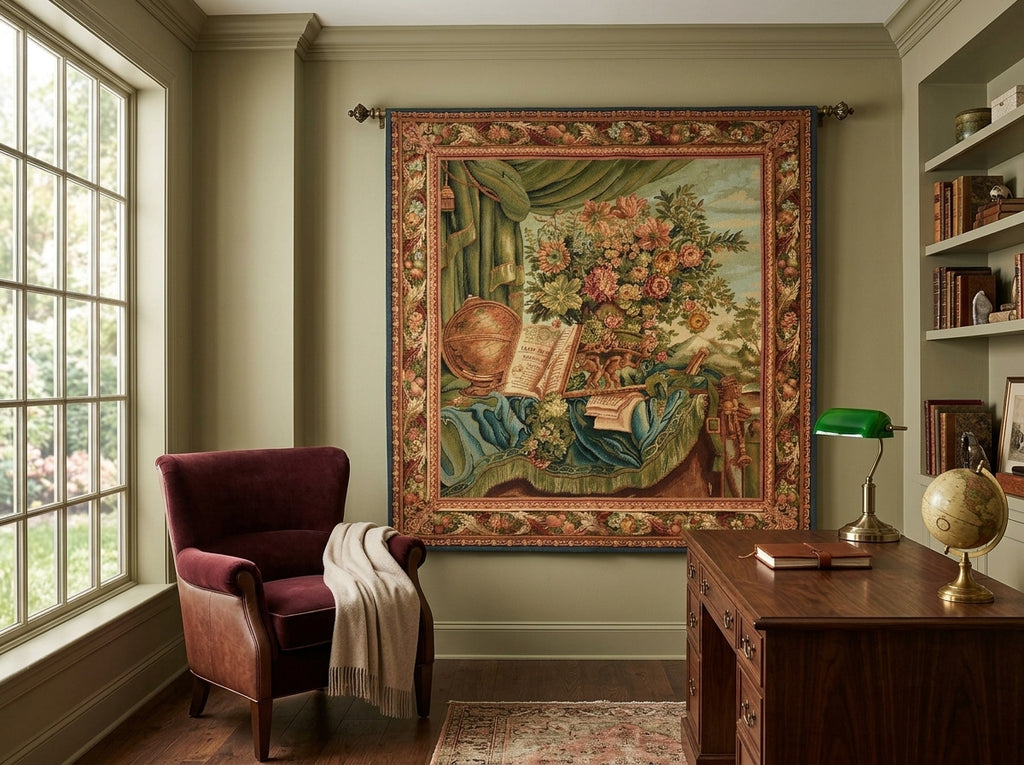 Decorative tapestry hanging on a wall above a desk with a chair and window in the background.