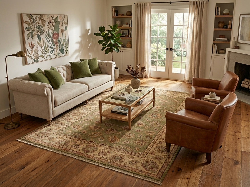 A styled living room featuring a large traditional area rug with a beige and green floral pattern on a hardwood floor, paired with a cream sofa, two brown leather armchairs, and a glass coffee table.