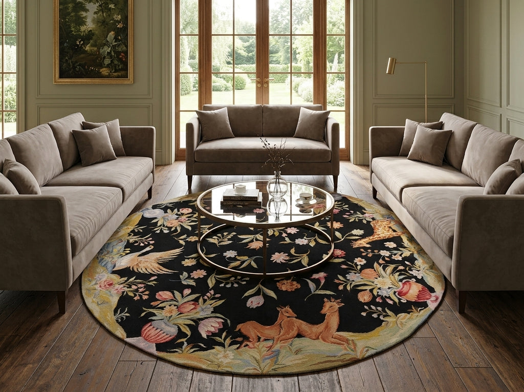 6 x 6 Round Needle Point Rug Deers Dog Duck #018066