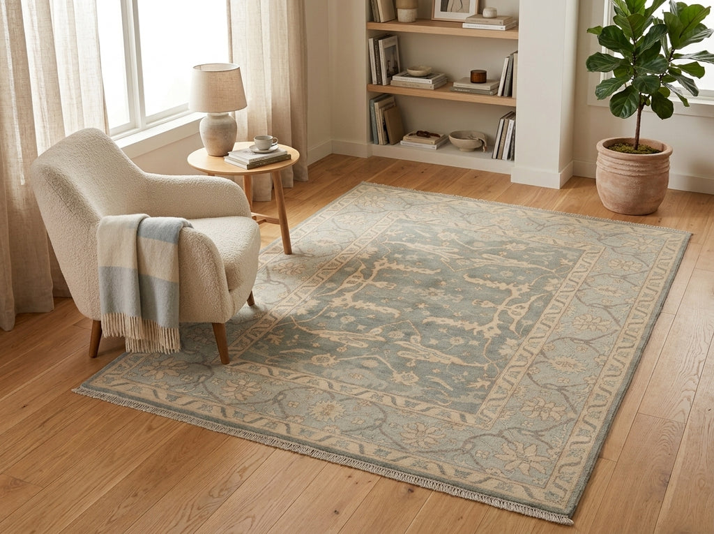 5.3 x 6.7 New Natural Wool Handmade OUSHAK Rug SAGE GREEN - Pakistan #PIX-26768