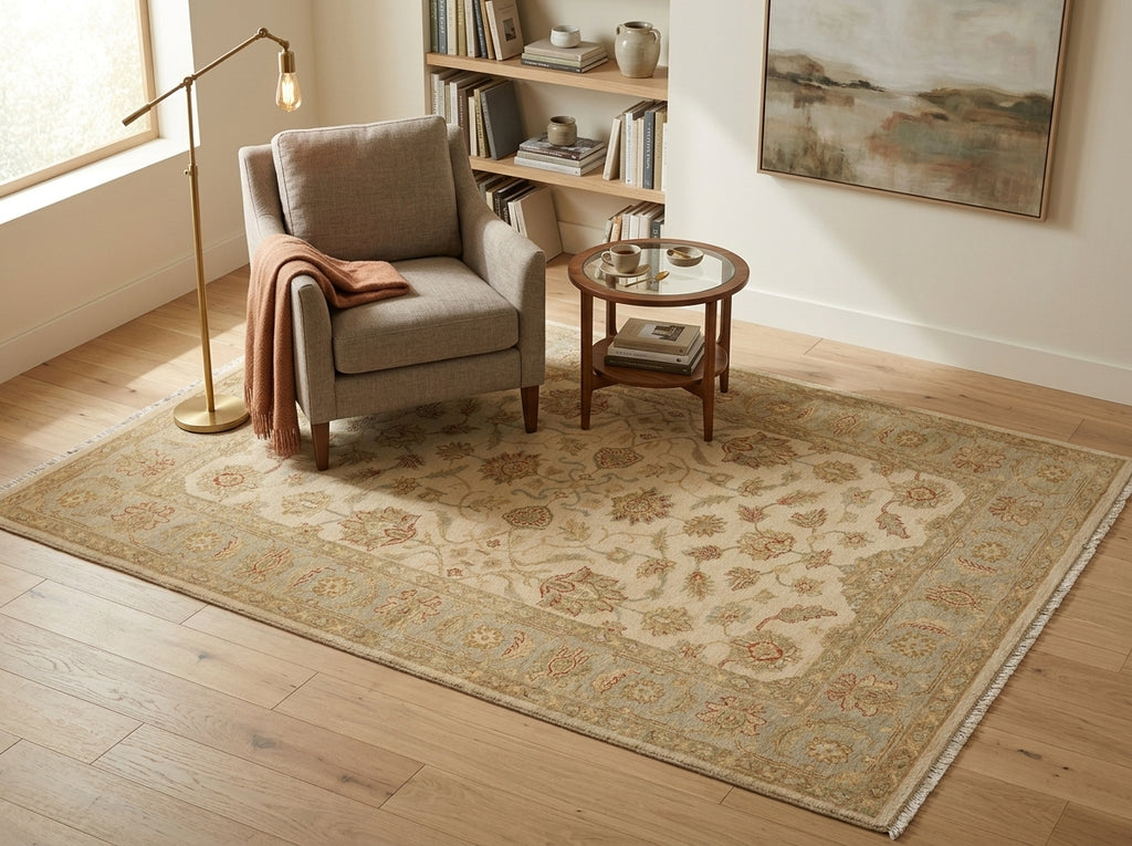 5.8 x 8 Handmade Rug Natural Wool Chobi Peshawar Beige Light Green -Pakistan #PIX-16666