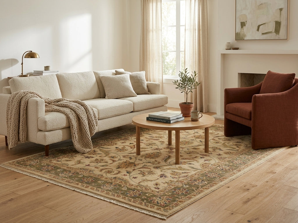 A styled living room scene featuring a cream bouclé sofa, a rust-brown accent chair, a round wooden coffee table, and a large beige and green patterned area rug on a light wood floor.