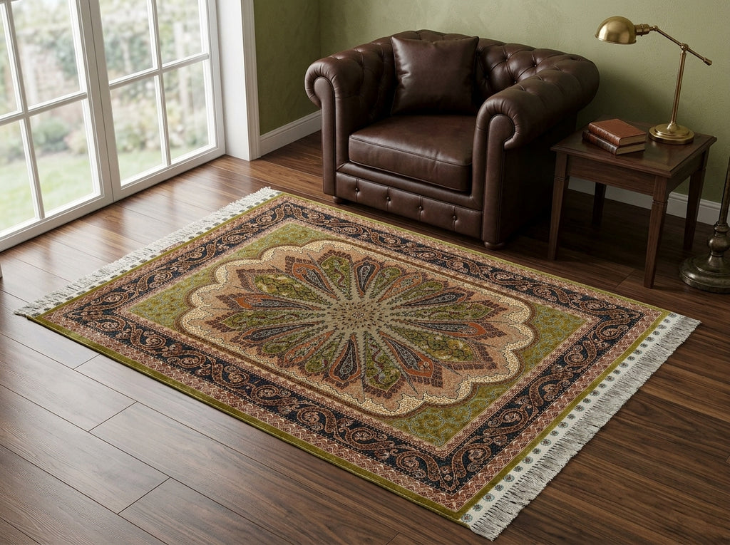3 x 4.6 Silk Handmade Rug Hereke Design Green Blue #60240