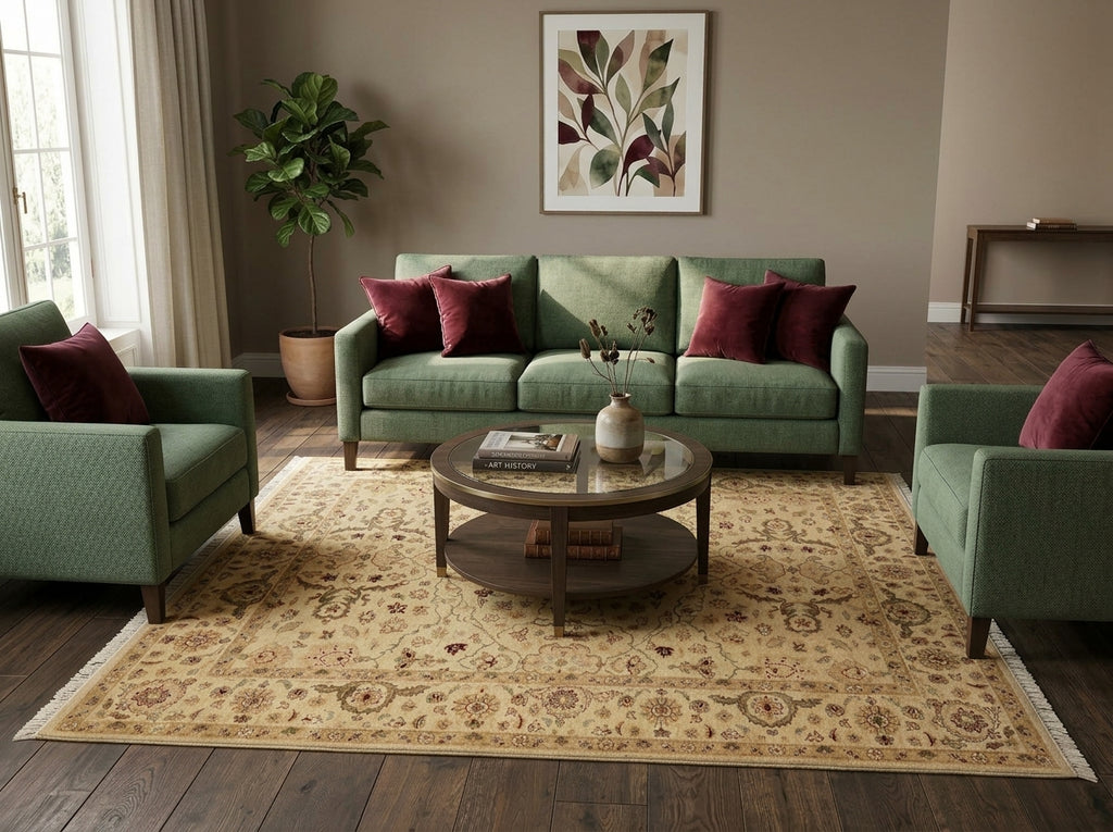 8 x 9.9 Handmade Agra Rug Natural Wool Ivory Green - view 2