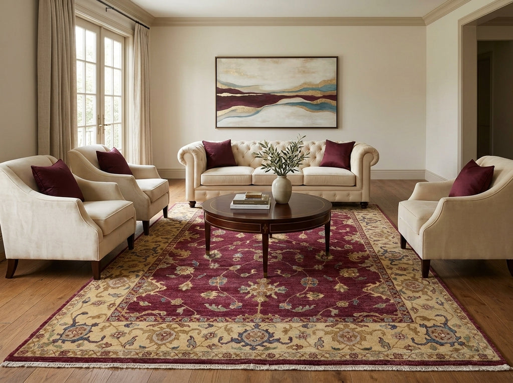 8.9 x 11.8 Hand-knotted India Area Rug Burgundy and Gold #5276