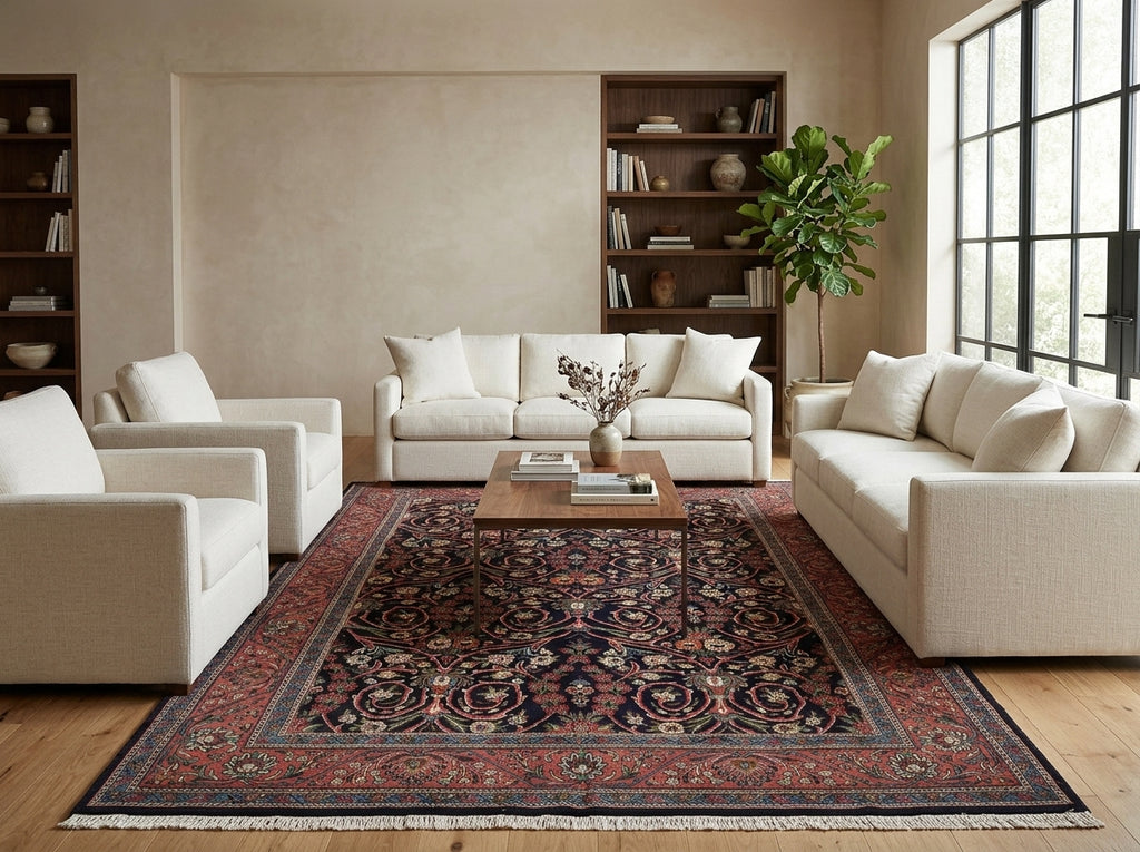 7.3 x 10.4 Midnight Blue Pink Fine Persian Sarouk Rug 72400