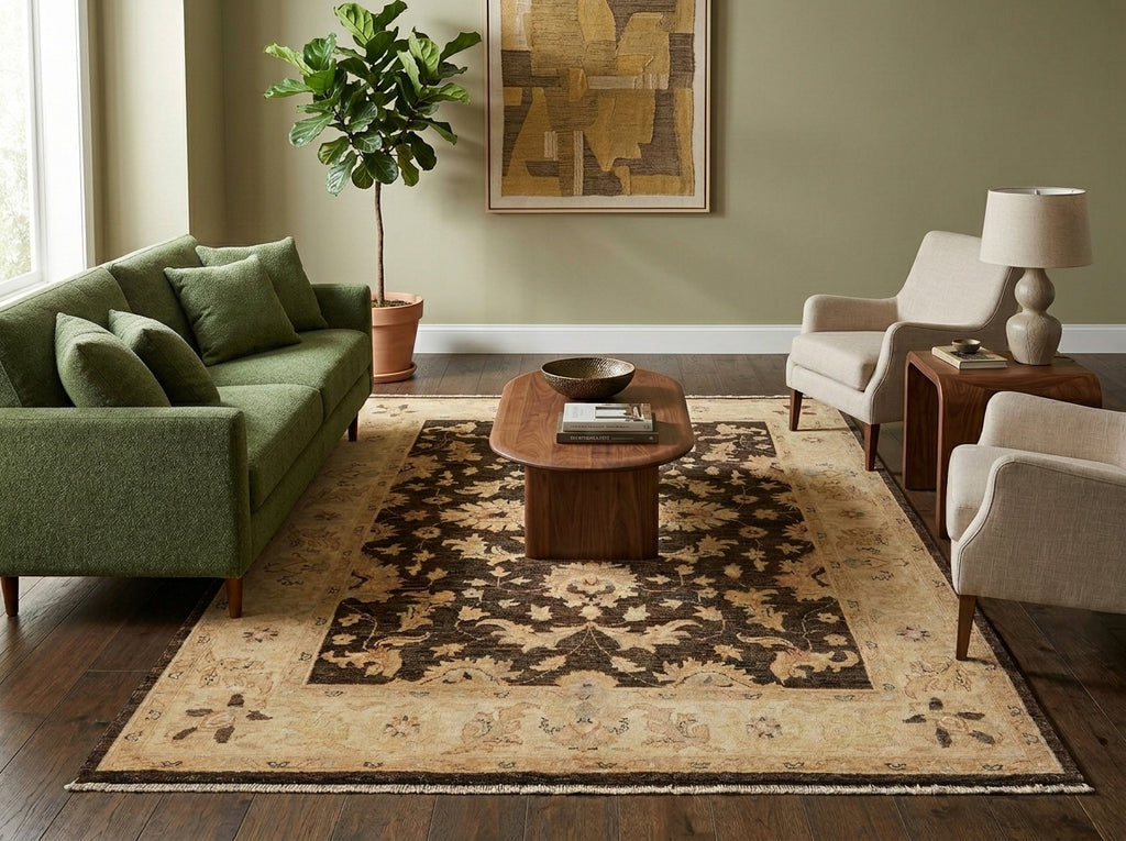 A large traditional-style area rug in beige, brown, and black is styled in a living room setting with a green sofa, wooden coffee table, beige armchairs, and a potted plant.