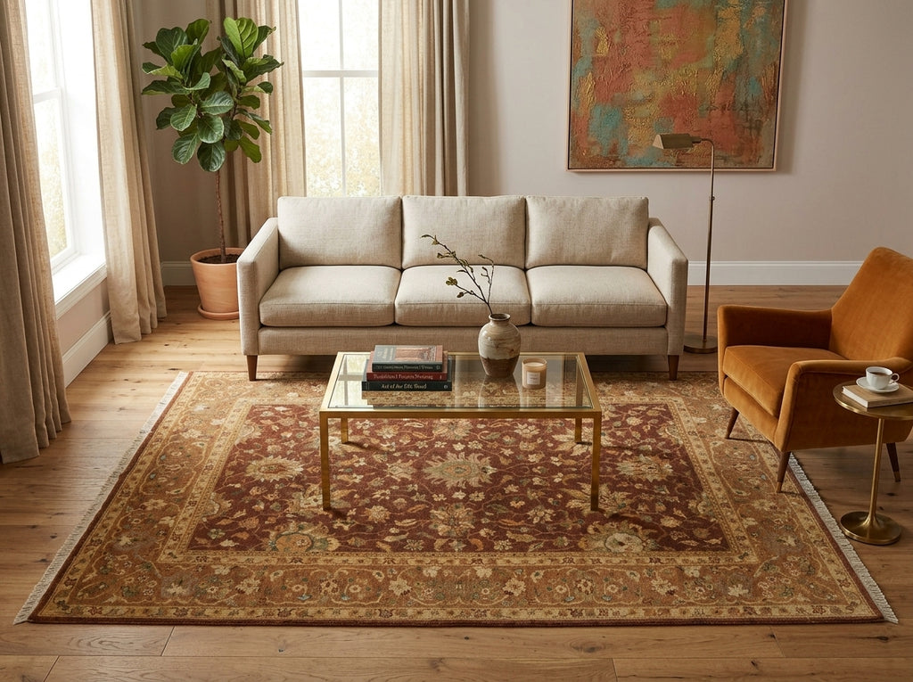 A styled living room featuring a large traditional oriental area rug with a red, beige, and gold floral pattern. The rug is styled with a glass-top coffee table, a cream-colored sofa, an orange armchair, and a potted plant in a warm, sunlit room.