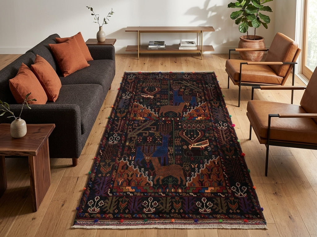 4 x 6.7 Tribal Rug Handmade Afghanistan Wool Animal Motif #F-3247