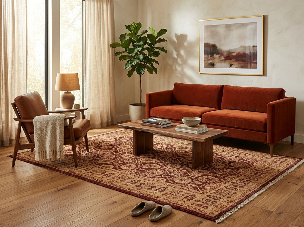 A styled living room featuring a rust-orange velvet sofa as the main product, placed on a large patterned area rug with a wooden coffee table, armchair, lamp, and potted plant in a warm neutral interior.