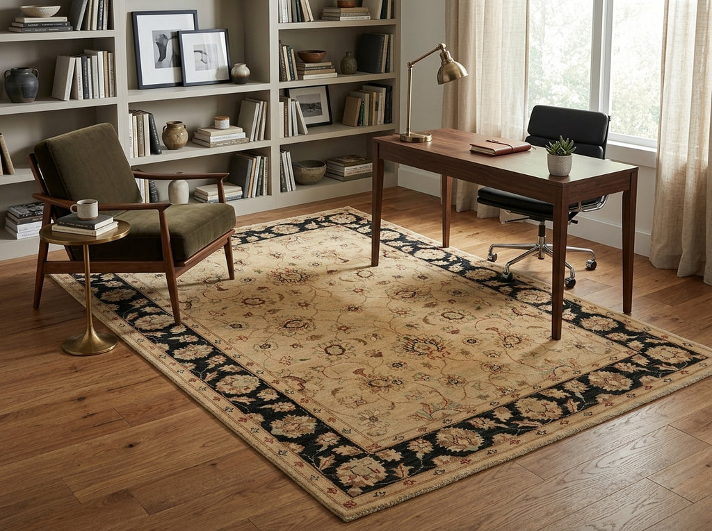 A large traditional-style area rug in beige with a dark navy floral border, styled in a bright home office with a wooden desk, chair, and bookshelves.